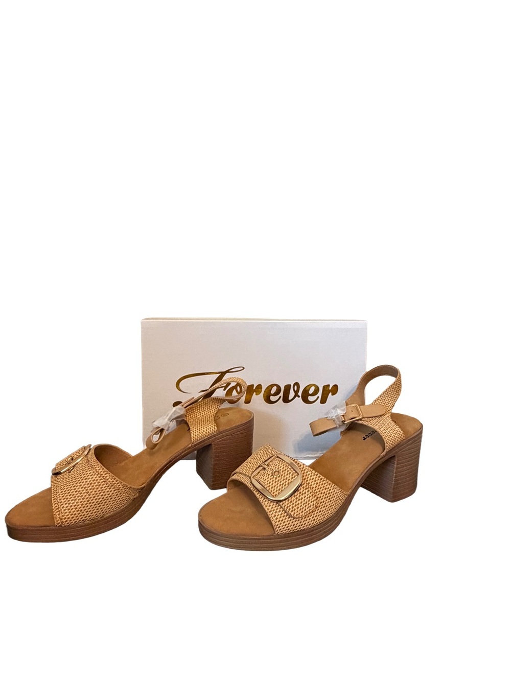 Forever Tan Woven Block Heel Sandals